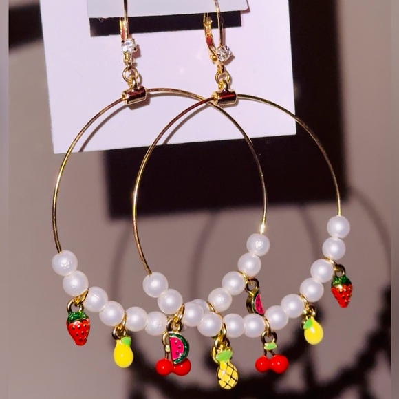 Betsey Johnson Forbidden Fruit Hoop Earrings With Fruit Charms & Faux Pearls NWT - Picture 4 of 4
